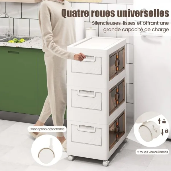 Armoire de Rangement à 3 Bacs Pliables et Empilables Roues Verrouillables Boîtes de Rangement Empilables pour Salon Chambre Placard Blanc