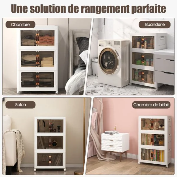 Armoire de Rangement à 3 Bacs Pliables et Empilables Roues Verrouillables Boîtes de Rangement Empilables pour Salon Chambre Placard Blanc