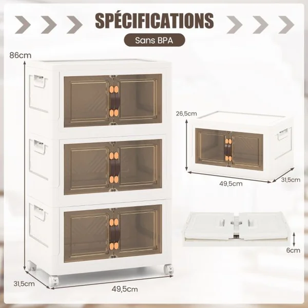 Armoire de Rangement à 3 Bacs Pliables et Empilables Roues Verrouillables Boîtes de Rangement Empilables pour Salon Chambre Placard Blanc