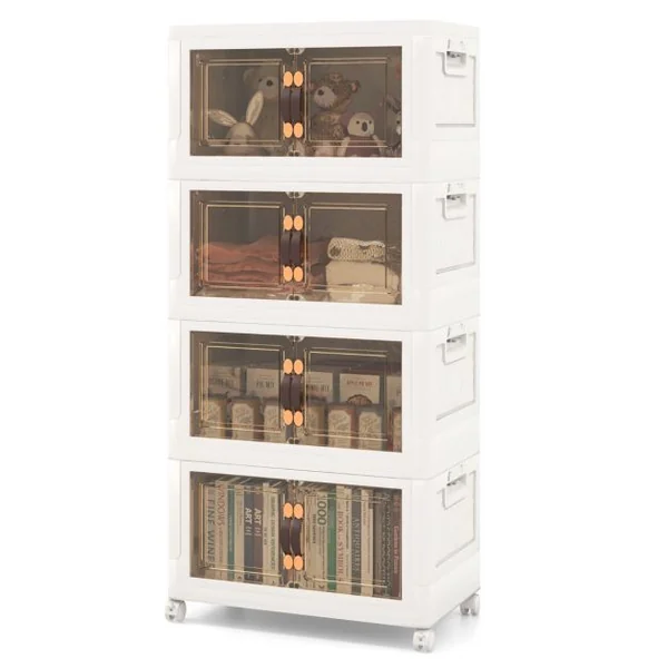 Armoire de Rangement à 4 Bacs Pliables et Empilables Roues Verrouillables Boîtes de Rangement Empilables pour Salon Chambre Placard Blanc
