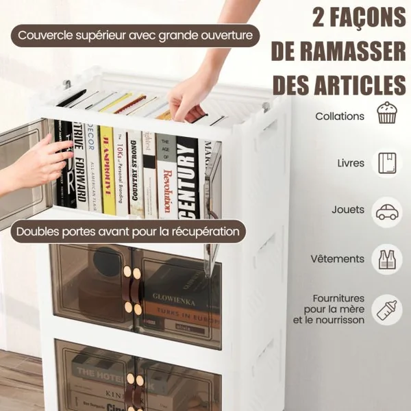 Armoire de Rangement à 4 Bacs Pliables et Empilables Roues Verrouillables Boîtes de Rangement Empilables pour Salon Chambre Placard Blanc
