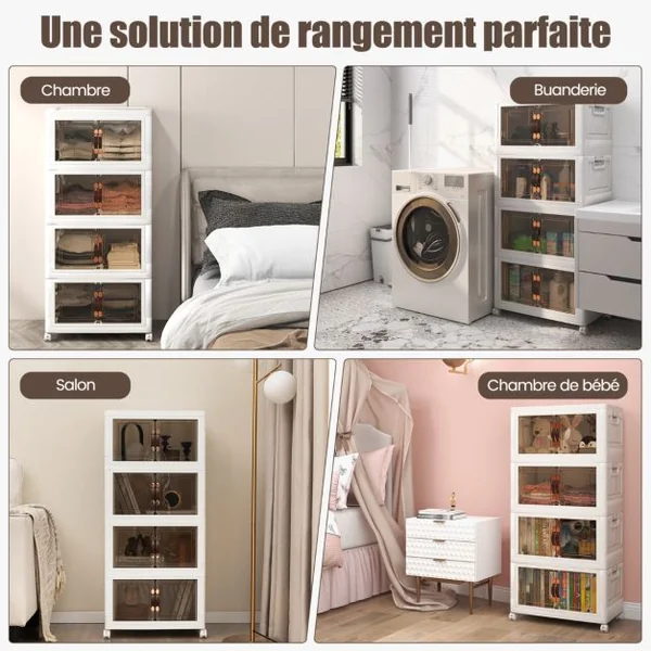 Armoire de Rangement à 4 Bacs Pliables et Empilables Roues Verrouillables Boîtes de Rangement Empilables pour Salon Chambre Placard Blanc