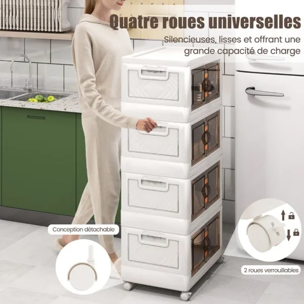 Armoire de Rangement à 4 Bacs Pliables et Empilables Roues Verrouillables Boîtes de Rangement Empilables pour Salon Chambre Placard Blanc