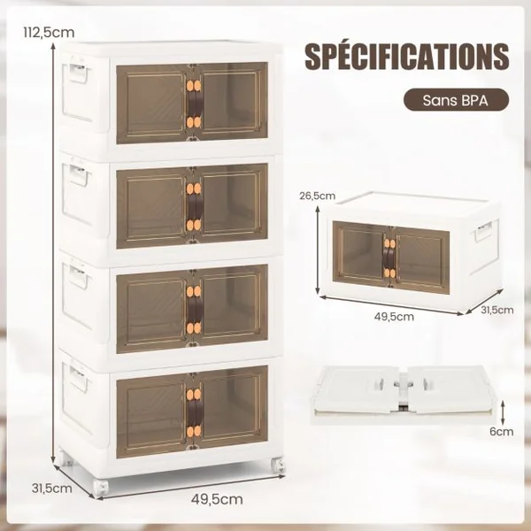 Armoire de Rangement à 4 Bacs Pliables et Empilables Roues Verrouillables Boîtes de Rangement Empilables pour Salon Chambre Placard Blanc