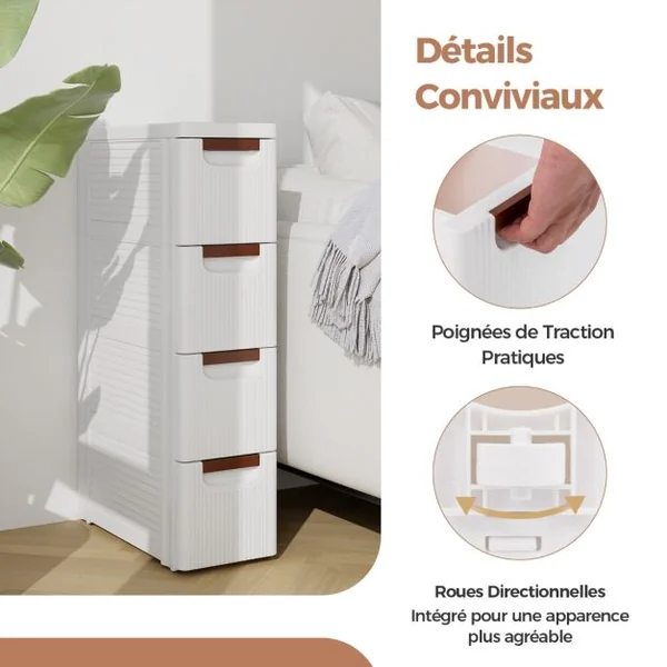 Armoire de Rangement Étroite pour Petits Espaces Unité Organisatrice Roulante à 4 Tiroirs avec Roues Intégrées Conteneur en Plastique Blanc
