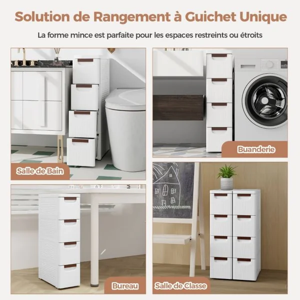 Armoire de Rangement Étroite pour Petits Espaces Unité Organisatrice Roulante à 4 Tiroirs avec Roues Intégrées Conteneur en Plastique Blanc