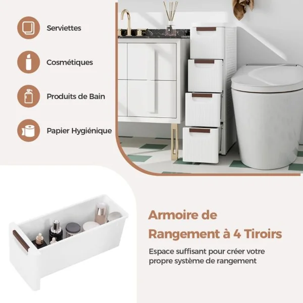 Armoire de Rangement Étroite pour Petits Espaces Unité Organisatrice Roulante à 4 Tiroirs avec Roues Intégrées Conteneur en Plastique Blanc