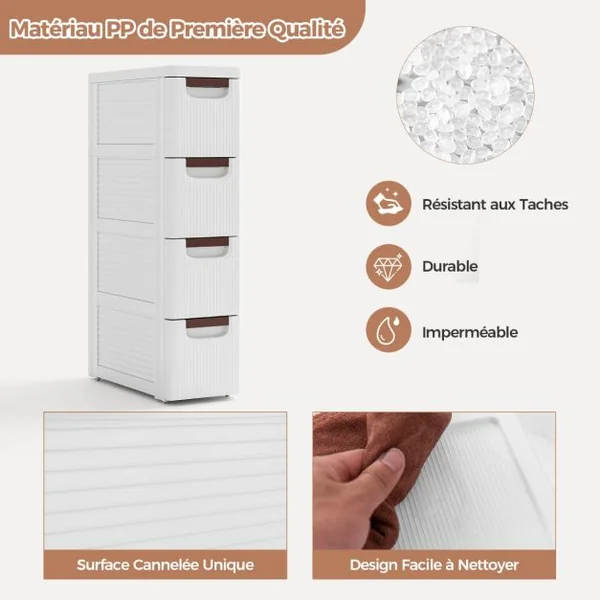 Armoire de Rangement Étroite pour Petits Espaces Unité Organisatrice Roulante à 4 Tiroirs avec Roues Intégrées Conteneur en Plastique Blanc