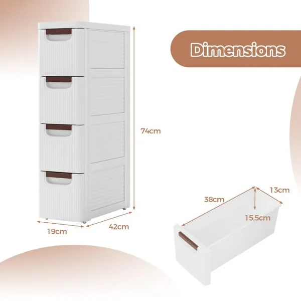 Armoire de Rangement Étroite pour Petits Espaces Unité Organisatrice Roulante à 4 Tiroirs avec Roues Intégrées Conteneur en Plastique Blanc
