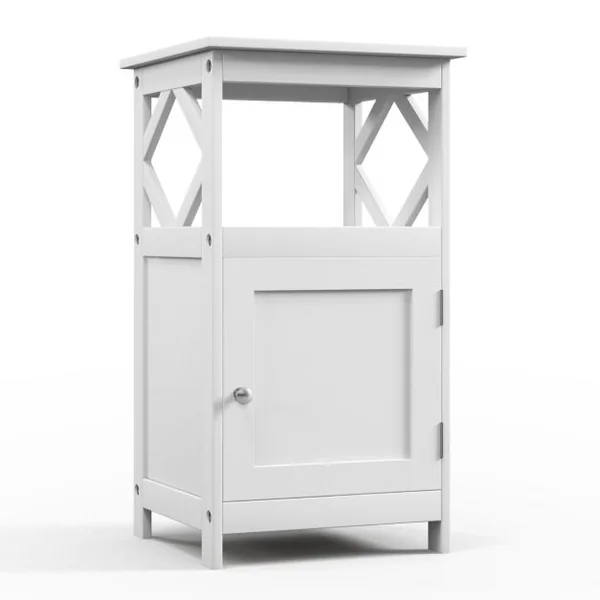 Armoire de Rangement Étroite à Porte Unique et Compartiment Ouvert Kit Anti-renversement Organisateur de Rangement Autoportant de Salon Blanc