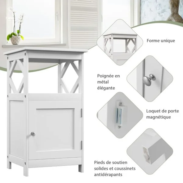 Armoire de Rangement Étroite à Porte Unique et Compartiment Ouvert Kit Anti-renversement Organisateur de Rangement Autoportant de Salon Blanc