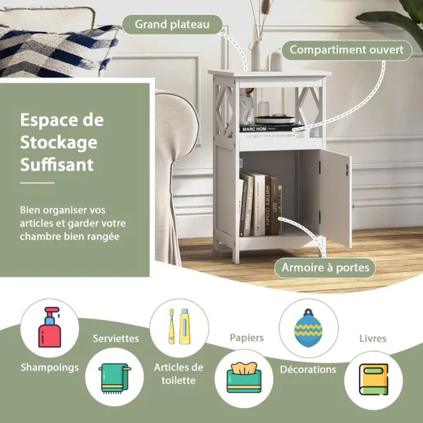 Armoire de Rangement Étroite à Porte Unique et Compartiment Ouvert Kit Anti-renversement Organisateur de Rangement Autoportant de Salon Blanc