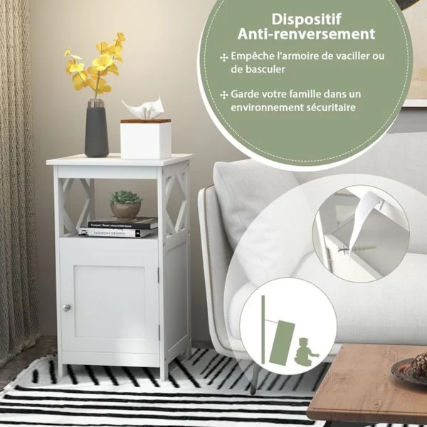 Armoire de Rangement Étroite à Porte Unique et Compartiment Ouvert Kit Anti-renversement Organisateur de Rangement Autoportant de Salon Blanc