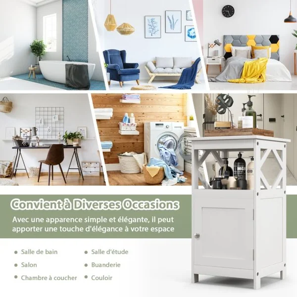 Armoire de Rangement Étroite à Porte Unique et Compartiment Ouvert Kit Anti-renversement Organisateur de Rangement Autoportant de Salon Blanc