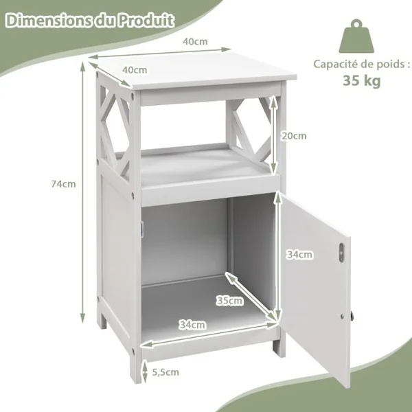 Armoire de Rangement Étroite à Porte Unique et Compartiment Ouvert Kit Anti-renversement Organisateur de Rangement Autoportant de Salon Blanc
