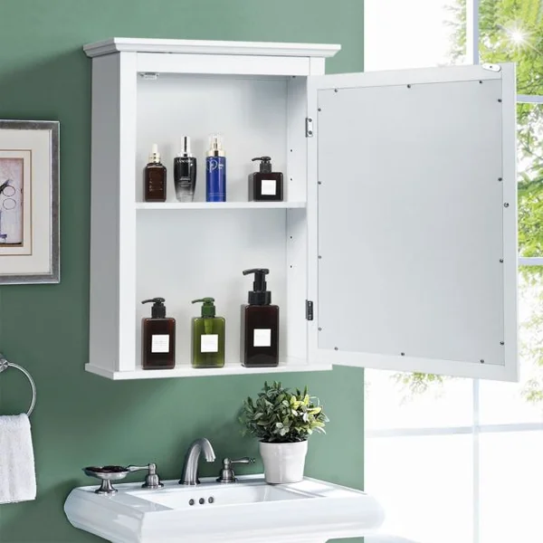 Armoire de Toilettes Mural avec Miroir et 2 Etagères Meuble de Salle de Bain MDF Tablette Ajustable en 5 Positions Marron