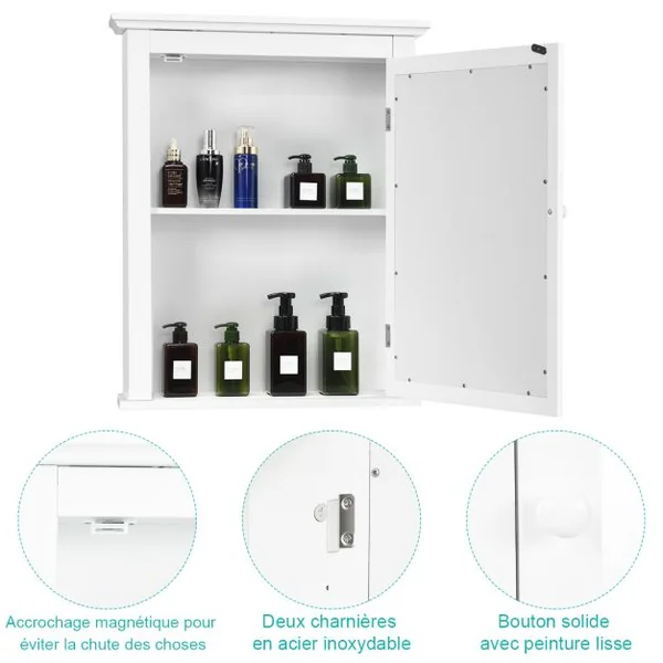 Armoire de Toilettes Mural avec Miroir et 2 Etagères Meuble de Salle de Bain MDF Tablette Ajustable en 5 Positions Marron
