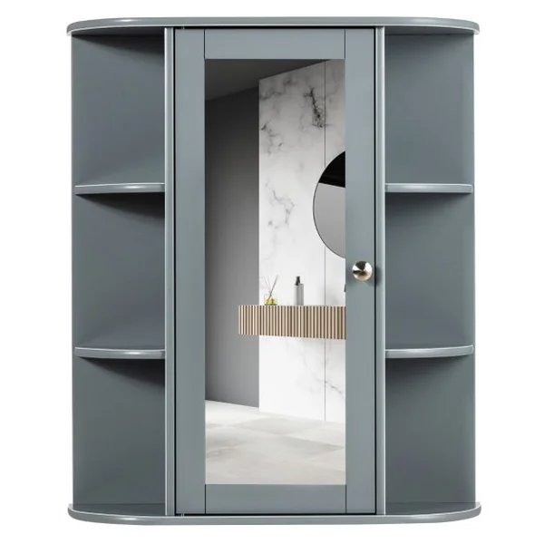 Armoire Murale de Salle de Bain avec Miroir 6 Étagères Ouvertes et 2 Compartiments Internes 60 x 16,5 x 67,5 cm Gris