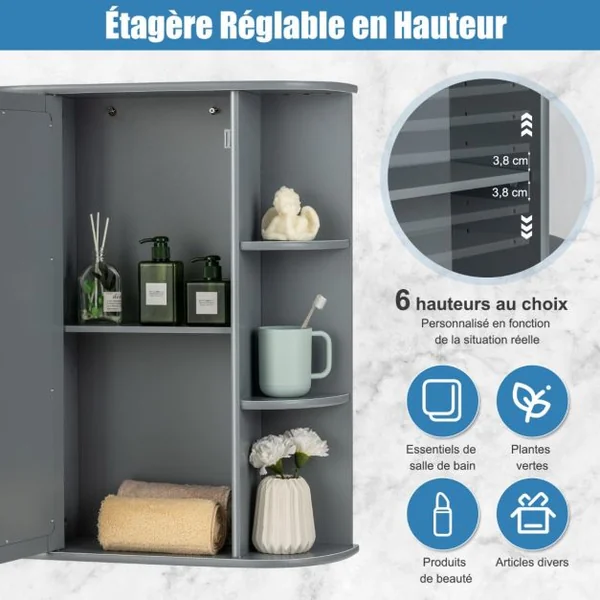 Armoire Murale de Salle de Bain avec Miroir 6 Étagères Ouvertes et 2 Compartiments Internes 60 x 16,5 x 67,5 cm Gris