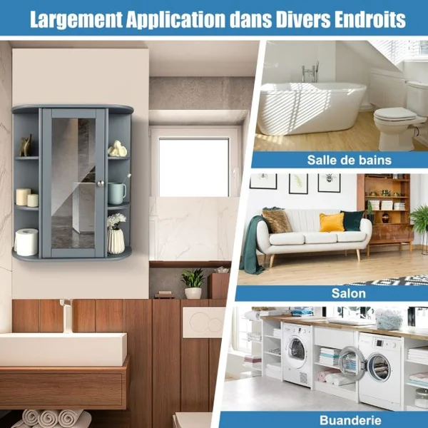 Armoire Murale de Salle de Bain avec Miroir 6 Étagères Ouvertes et 2 Compartiments Internes 60 x 16,5 x 67,5 cm Gris