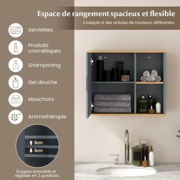 Armoire Murale de Salle de Bain avec Porte et Miroir 2 Niveaux pour Salle de Bain Entrée Toilette 60x20x50 cm Gris