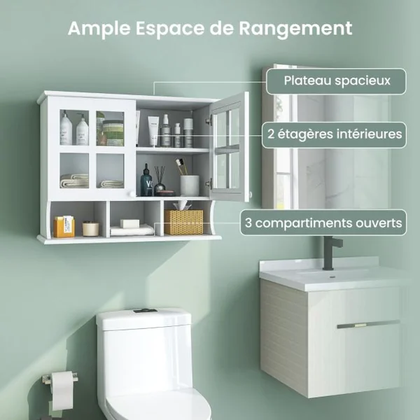 Armoire Murale Salle de Bain Portes en Verre Trempé Étagères et Compartiments Ouverts Armoire à Pharmacie 75 x 28 x 60 cm Blanc