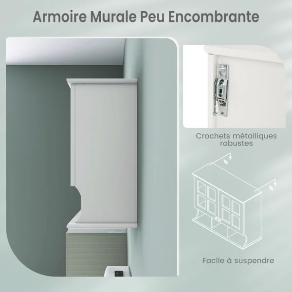 Armoire Murale Salle de Bain Portes en Verre Trempé Étagères et Compartiments Ouverts Armoire à Pharmacie 75 x 28 x 60 cm Blanc