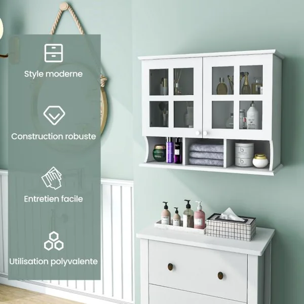 Armoire Murale Salle de Bain Portes en Verre Trempé Étagères et Compartiments Ouverts Armoire à Pharmacie 75 x 28 x 60 cm Blanc