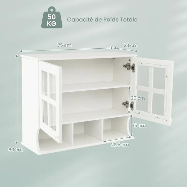 Armoire Murale Salle de Bain Portes en Verre Trempé Étagères et Compartiments Ouverts Armoire à Pharmacie 75 x 28 x 60 cm Blanc