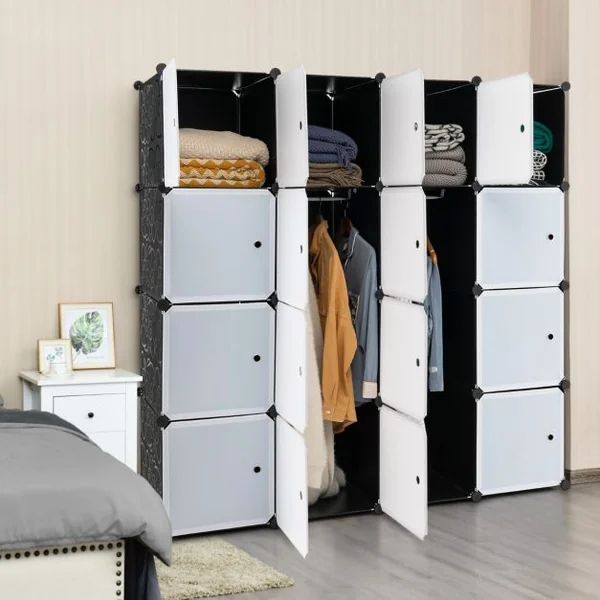 Armoire Penderie 16 Compartiments Armoire de Rangement en Plastique avec 16 Portes et 2 Tringles Armoire Chambre Adulte