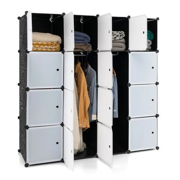 Armoire Penderie 16 Compartiments Armoire de Rangement en Plastique avec 16 Portes et 2 Tringles Armoire Chambre Adulte