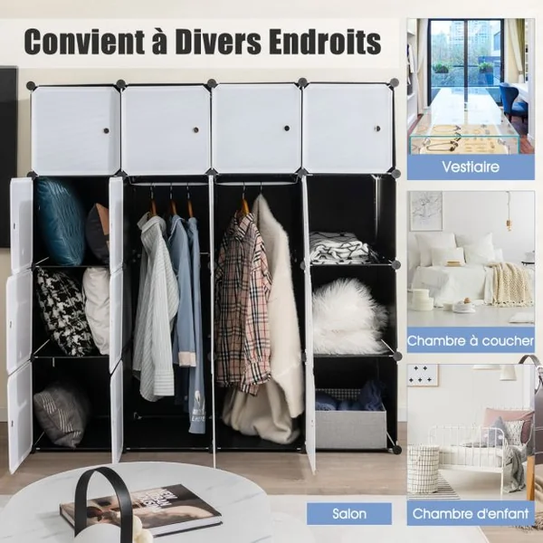 Armoire Penderie 16 Compartiments Armoire de Rangement en Plastique avec 16 Portes et 2 Tringles Armoire Chambre Adulte