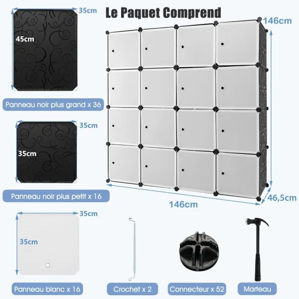 Armoire Penderie 16 Compartiments Armoire de Rangement en Plastique avec 16 Portes et 2 Tringles Armoire Chambre Adulte