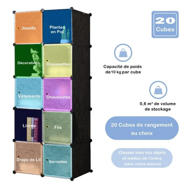 Armoire Penderie 20 Cube Armoire de Rangement en PP avec Tringle Motif Imprimé Armoire pour Vêtement Chaussures Jouets