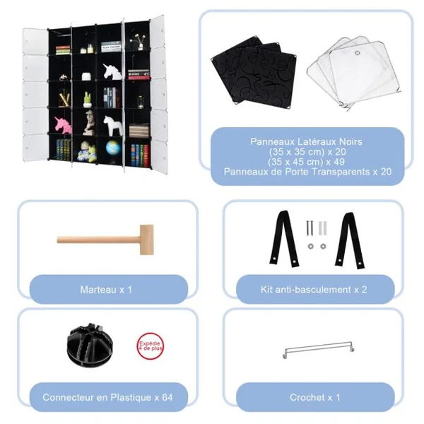 Armoire Penderie 20 Cube Armoire de Rangement en PP avec Tringle Motif Imprimé Armoire pour Vêtement Chaussures Jouets