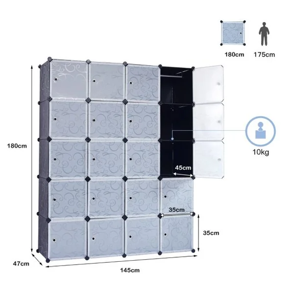 Armoire Penderie 20 Cube Armoire de Rangement en PP avec Tringle Motif Imprimé Armoire pour Vêtement Chaussures Jouets