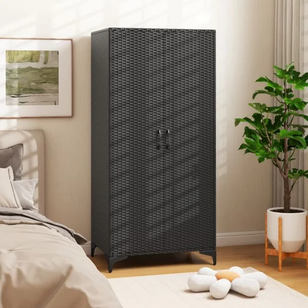 Armoire Penderie de 157 cm de Haut en Osier PE 2 Portes Tringle de Suspension et 4 Cubes de Rangement Organisateur de Vêtements Marron/Noir