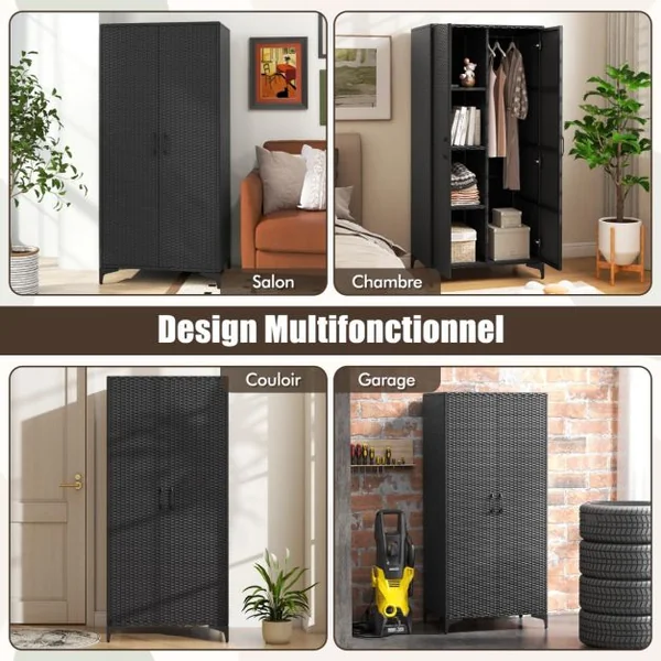 Armoire Penderie de 157 cm de Haut en Osier PE 2 Portes Tringle de Suspension et 4 Cubes de Rangement Organisateur de Vêtements Marron/Noir