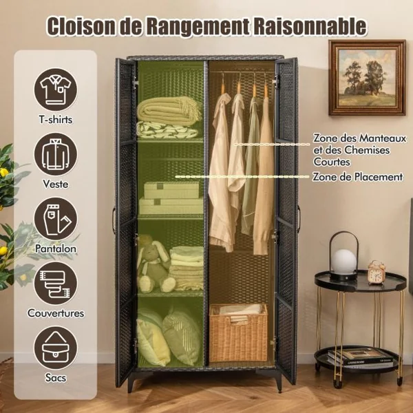 Armoire Penderie de 157 cm de Haut en Osier PE 2 Portes Tringle de Suspension et 4 Cubes de Rangement Organisateur de Vêtements Marron/Noir
