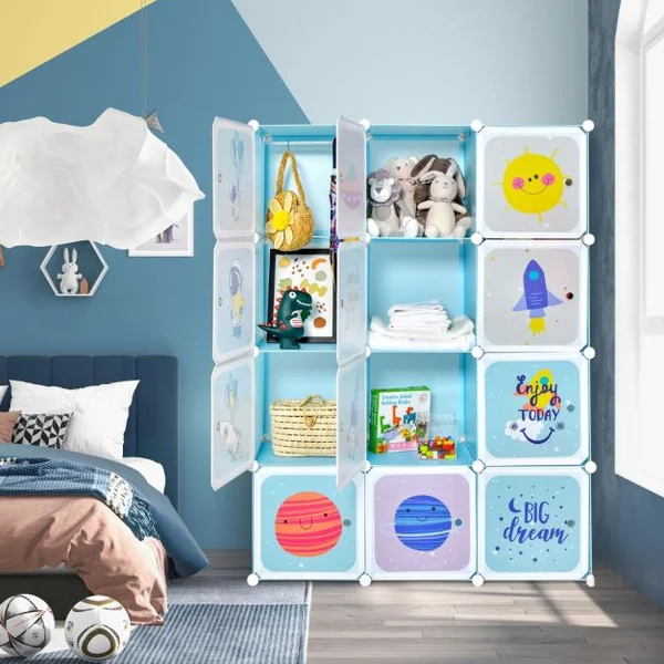 Armoire portable pour enfants Commode pour Bébé 12 Cubes avec 2 Sections Penderie Joli Organisateur de Rangement pour Enfants Bleu