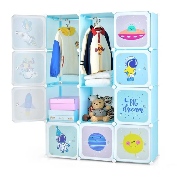 Armoire portable pour enfants Commode pour Bébé 12 Cubes avec 2 Sections Penderie Joli Organisateur de Rangement pour Enfants Bleu