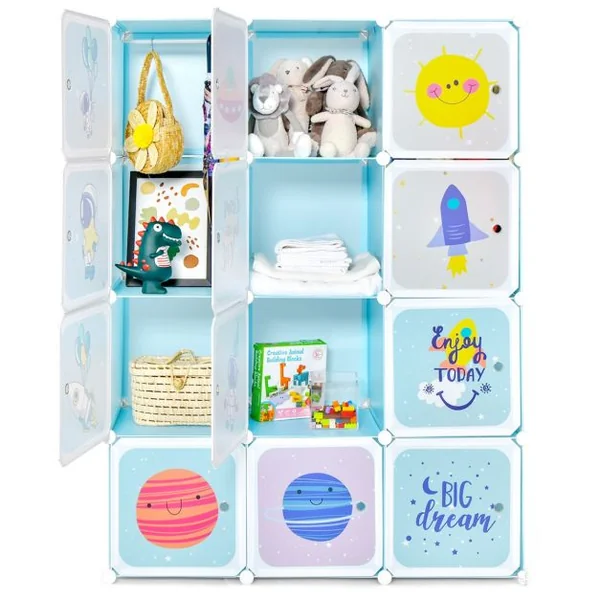 Armoire portable pour enfants Commode pour Bébé 12 Cubes avec 2 Sections Penderie Joli Organisateur de Rangement pour Enfants Bleu
