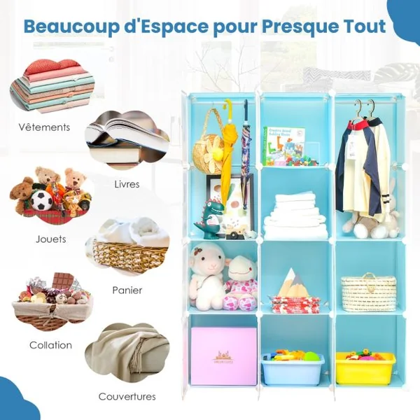Armoire portable pour enfants Commode pour Bébé 12 Cubes avec 2 Sections Penderie Joli Organisateur de Rangement pour Enfants Bleu