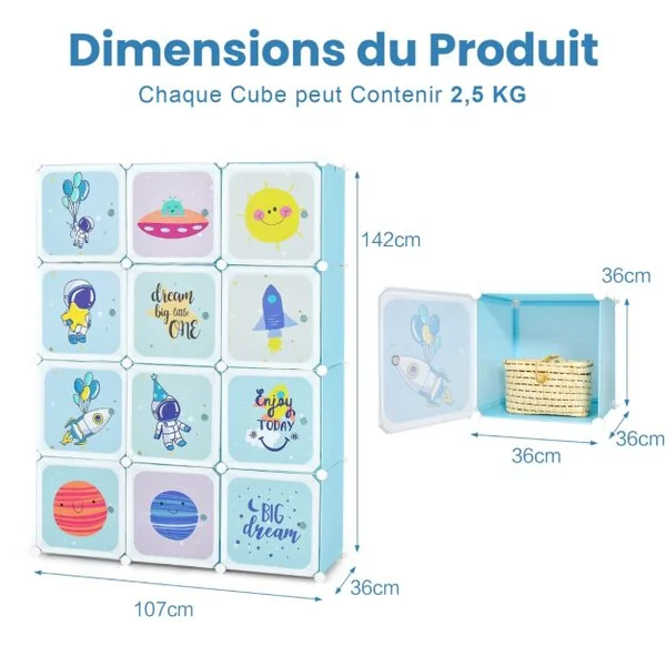 Armoire portable pour enfants Commode pour Bébé 12 Cubes avec 2 Sections Penderie Joli Organisateur de Rangement pour Enfants Bleu