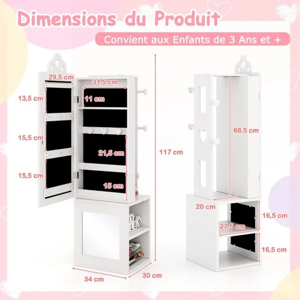 Armoire à Bijoux 3 en 1 avec Miroir Pleine Longueur pour Enfants PortAnt à Vêtements Rangement pour Bijoux avec Crochets Blanc/Rose