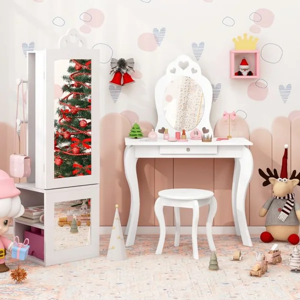 Armoire à Bijoux 3 en 1 avec Miroir Pleine Longueur pour Enfants PortAnt à Vêtements Rangement pour Bijoux avec Crochets Blanc/Rose