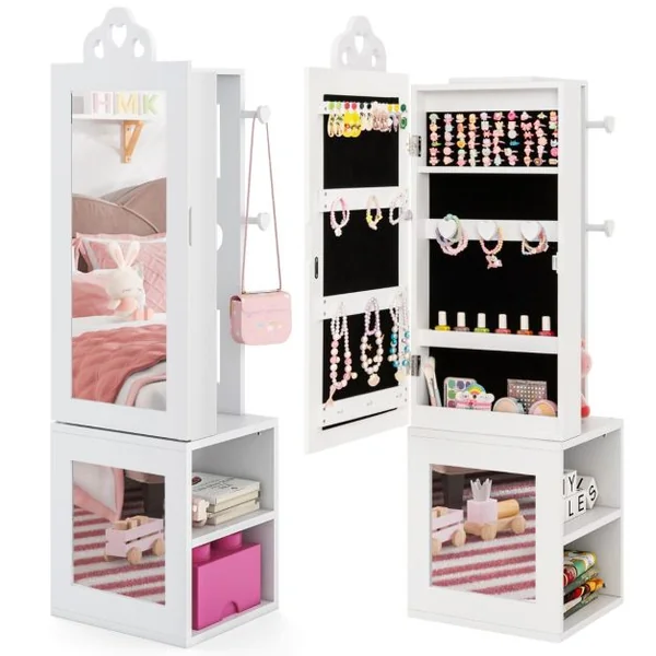 Armoire à Bijoux 3 en 1 avec Miroir Pleine Longueur pour Enfants PortAnt à Vêtements Rangement pour Bijoux avec Crochets Blanc/Rose