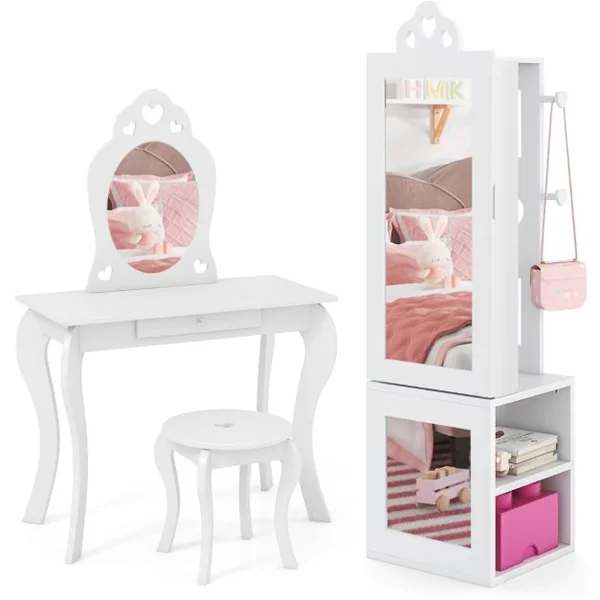 Armoire à Bijoux 3 en 1 avec Miroir Pleine Longueur pour Enfants PortAnt à Vêtements Rangement pour Bijoux avec Crochets Blanc/Rose