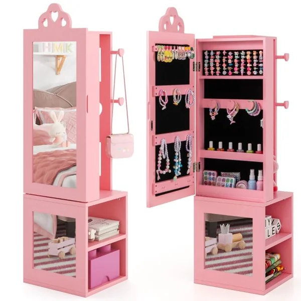 Armoire à Bijoux 3 en 1 avec Miroir Pleine Longueur pour Enfants PortAnt à Vêtements Rangement pour Bijoux avec Crochets Blanc/Rose