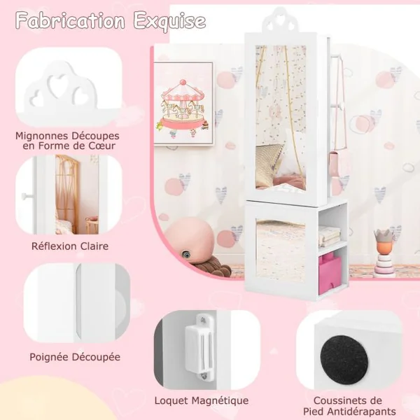 Armoire à Bijoux 3 en 1 avec Miroir Pleine Longueur pour Enfants PortAnt à Vêtements Rangement pour Bijoux avec Crochets Blanc/Rose
